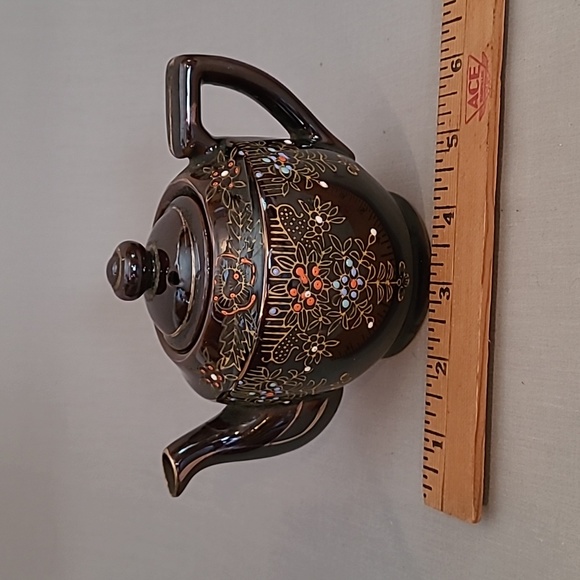 Small Vintage Brown Hand-Painted Floral Red Ware Teapot Japan 003 - Picture 8 of 9
